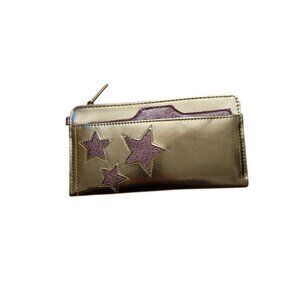 Gold Zip-Around Wallet With Star Accents & Multiple Card Slots